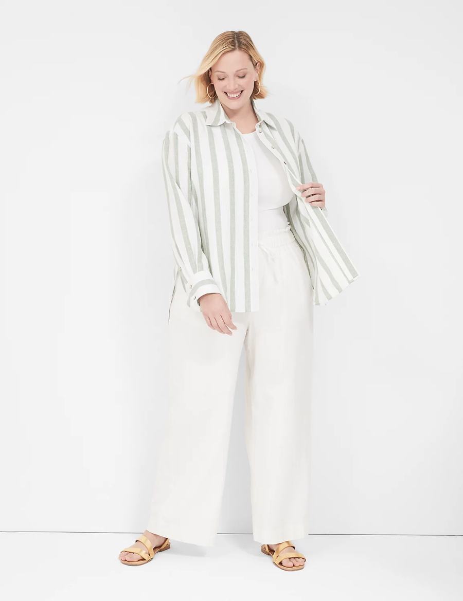 Lane Bryant Relaxed Linen Button-Down Overhemd Dames Olijfgroen Strepen | RUH919GH
