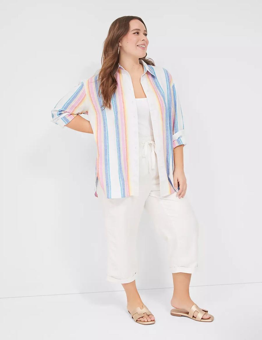 Lane Bryant Relaxed Linen Button-Down Overhemd Dames Wit Gekleurd Strepen | ELY348NE