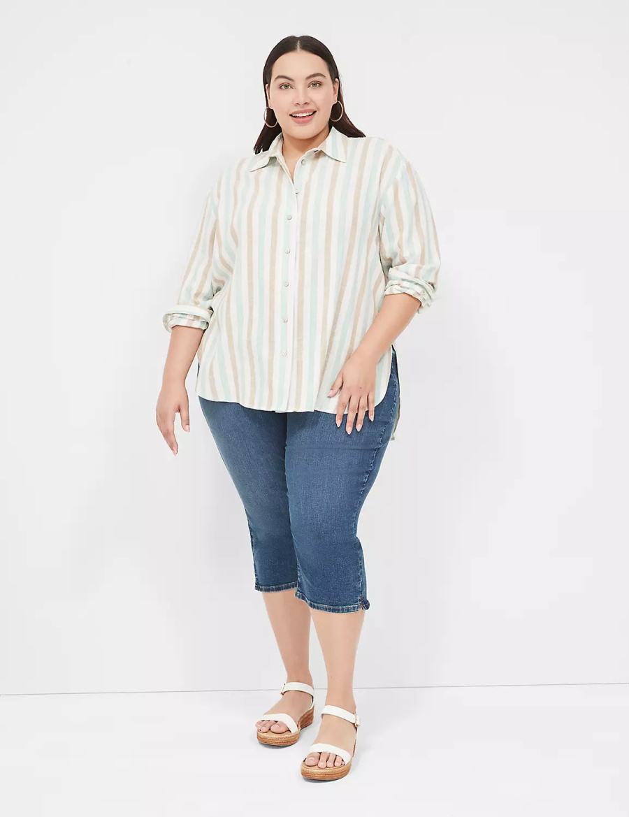 Lane Bryant Relaxed Linen Button-Down Overhemd Dames Wit Gekleurd Strepen | QXA9329DC