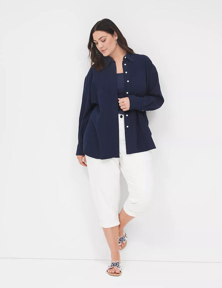 Lane Bryant Relaxed Linen Button-Down Overhemd Dames Blauw | EKS8357TG