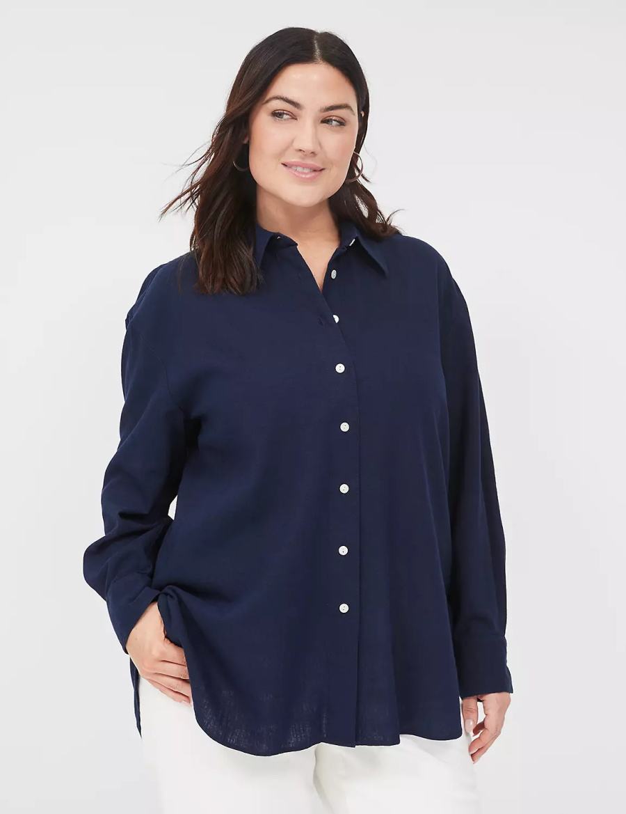 Lane Bryant Relaxed Linen Button-Down Overhemd Dames Blauw | EKS8357TG