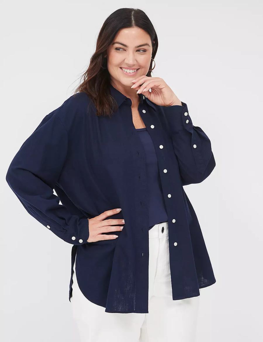 Lane Bryant Relaxed Linen Button-Down Overhemd Dames Blauw | EKS8357TG