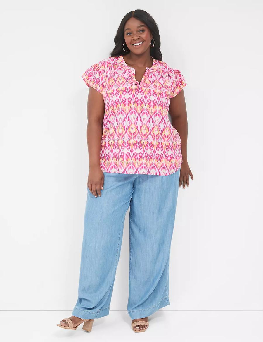 Lane Bryant Relaxed Notch-Neck Woven & Knit Top T-shirts Dames Roze | RMJ9680PI
