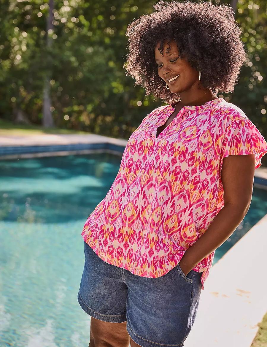 Lane Bryant Relaxed Notch-Neck Woven & Knit Top T-shirts Dames Roze | RMJ9680PI