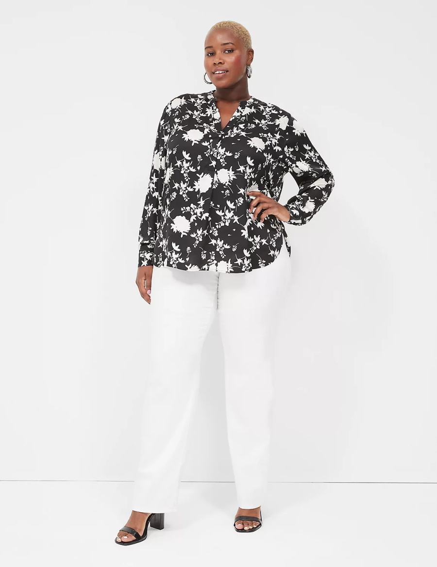 Lane Bryant Relaxed Satin Split-Neck Popover Overhemd Dames Zwart | QLD6364EX