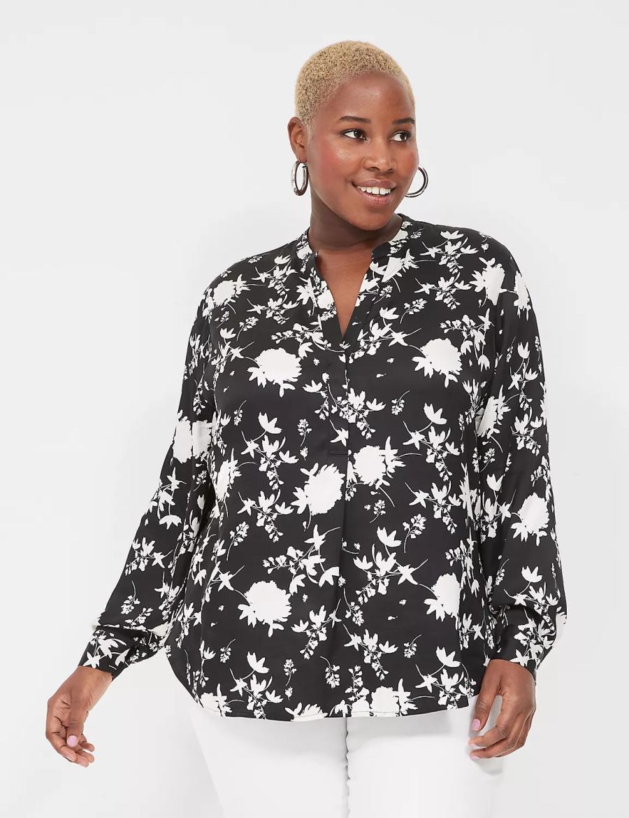Lane Bryant Relaxed Satin Split-Neck Popover Overhemd Dames Zwart | QLD6364EX
