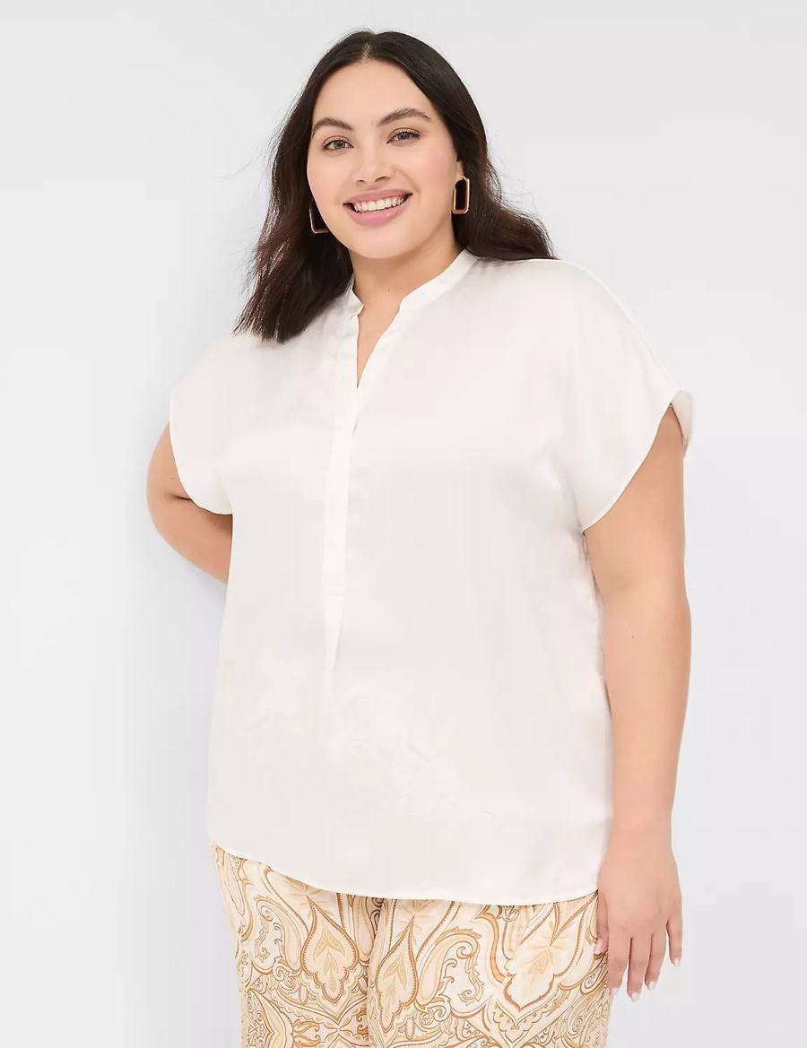 Lane Bryant Relaxed Split-Neck Popover Blouse Dames Wit Roze | GQB7837DO
