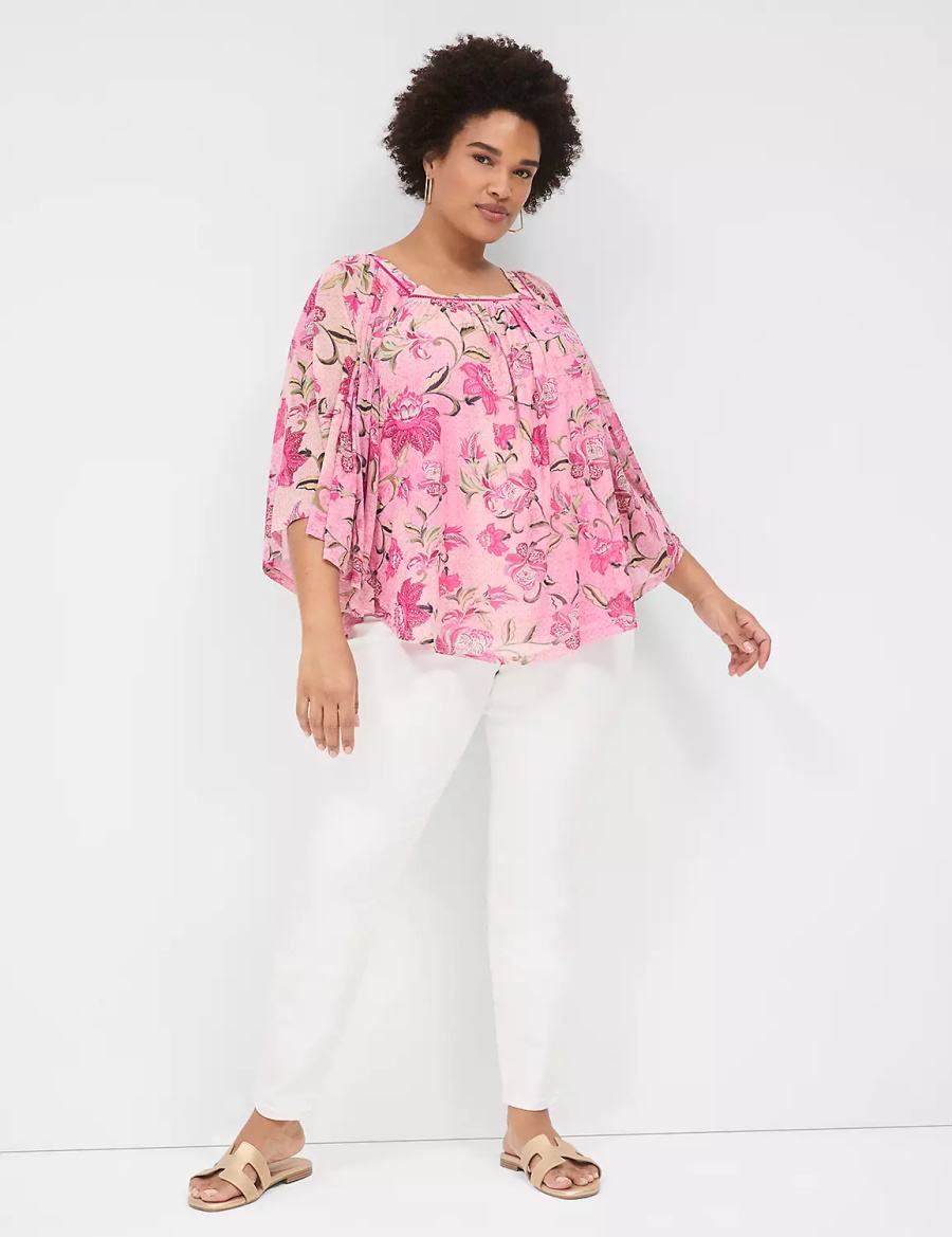 Lane Bryant Relaxed Square-Neck Trimmed Circle Drama Top Blouse Dames Roze | SLN1443RK