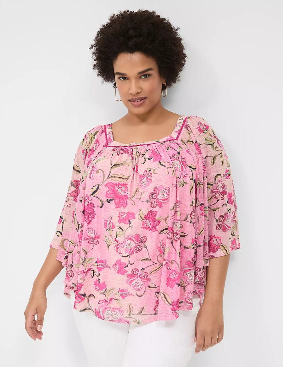 Lane Bryant Relaxed Square-Neck Trimmed Circle Drama Top Blouse Dames Roze | SLN1443RK