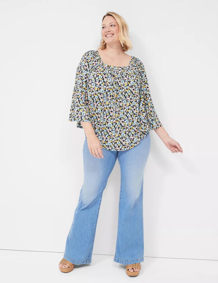 Lane Bryant Relaxed Square-Neck Trimmed Circle Drama Top Blouse Dames Blauw Koraal | NNL1464NH