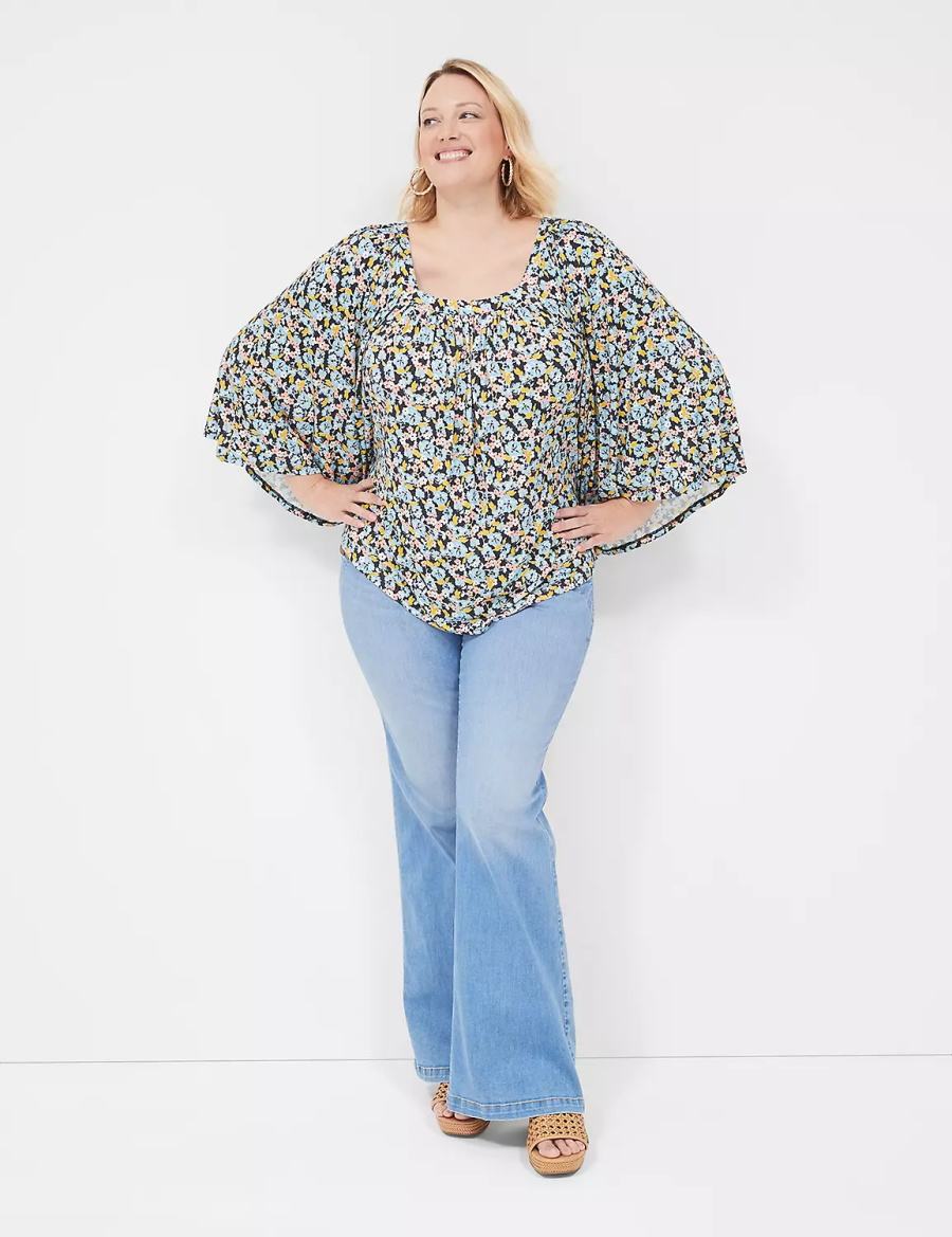 Lane Bryant Relaxed Square-Neck Trimmed Circle Drama Top Blouse Dames Blauw Koraal | NNL1464NH