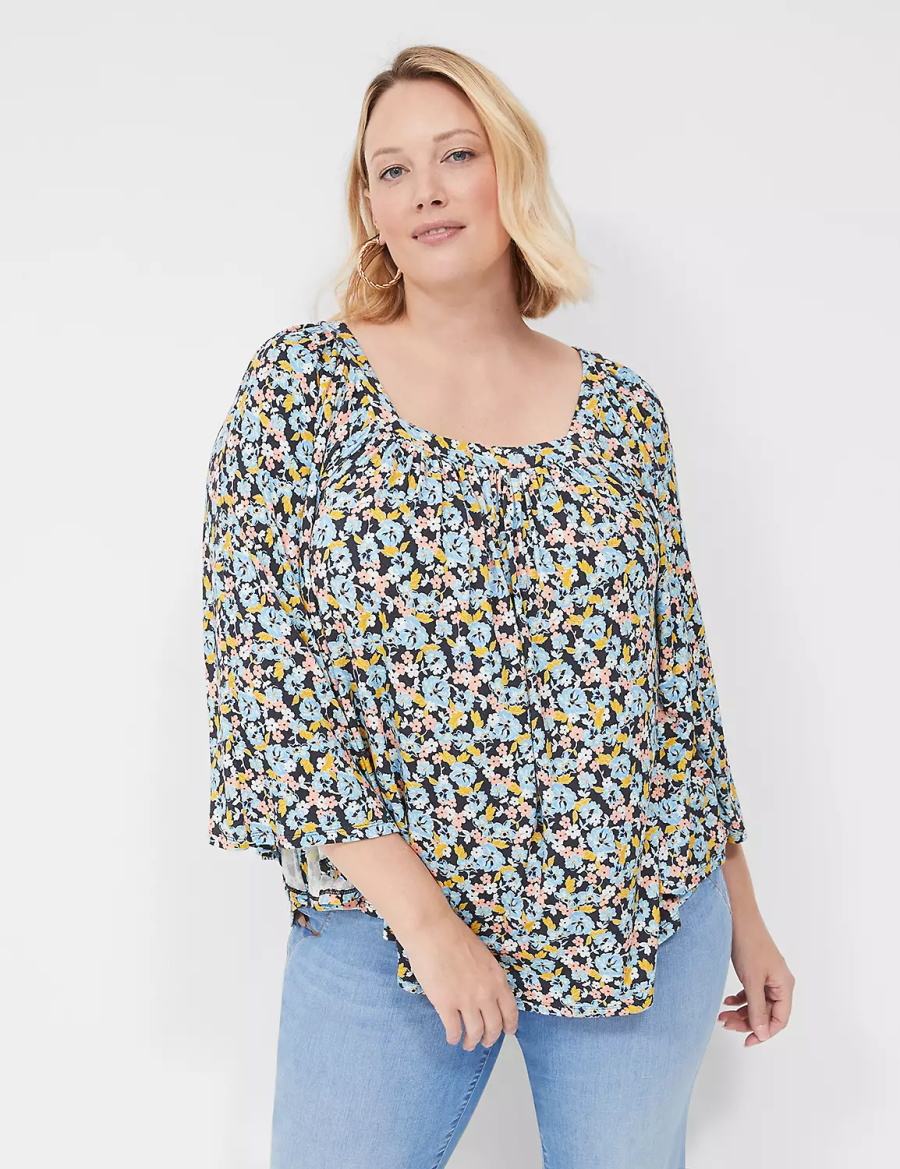 Lane Bryant Relaxed Square-Neck Trimmed Circle Drama Top Blouse Dames Blauw Koraal | NNL1464NH