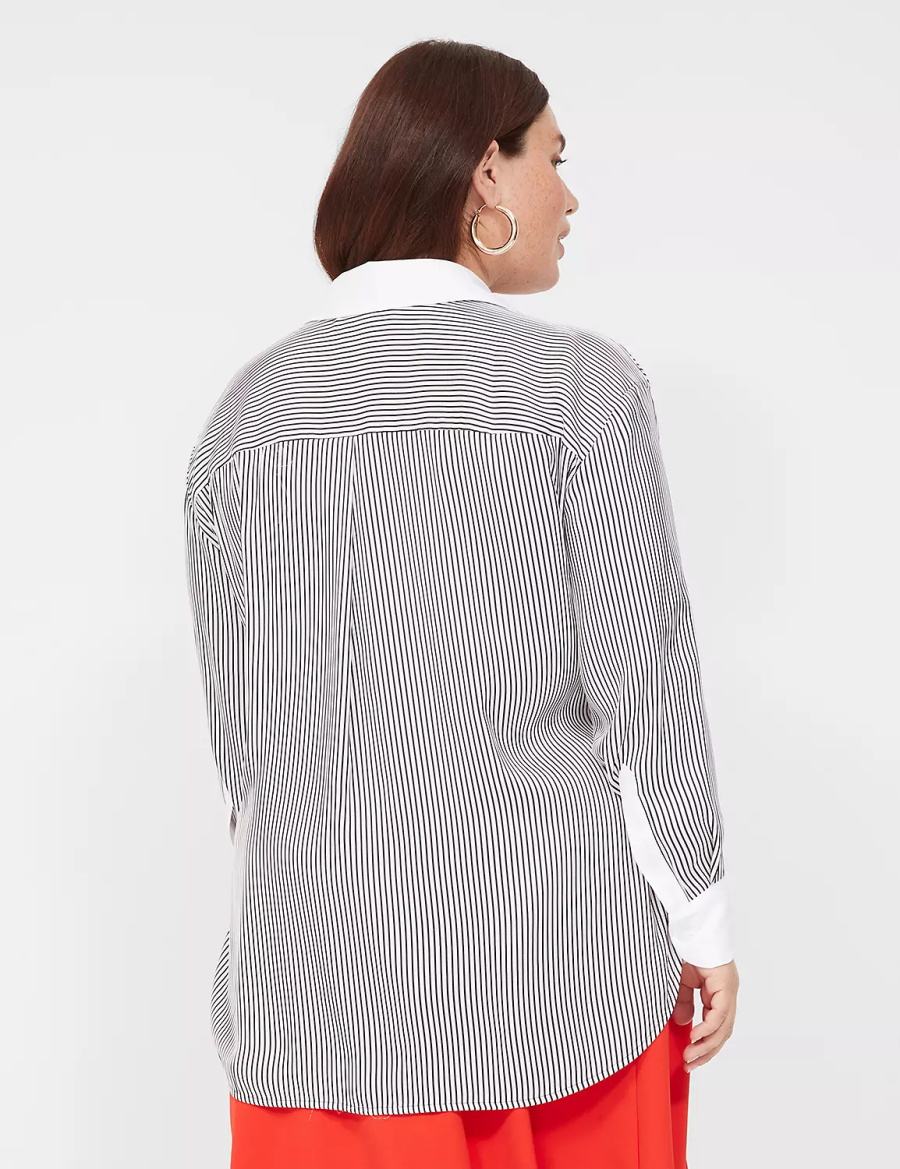 Lane Bryant Satin Button-Down Boyfriend Overhemd Dames Zwart Wit Strepen | RPS28100HK