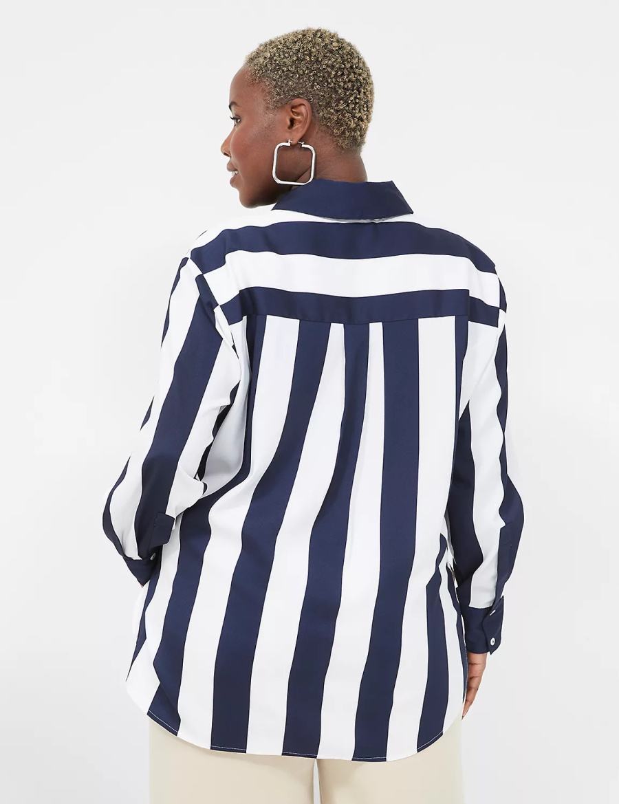 Lane Bryant Satin Easy Collared Stripe Button-Down Overhemd Dames Donkerblauw Wit Strepen | FGA6130RY