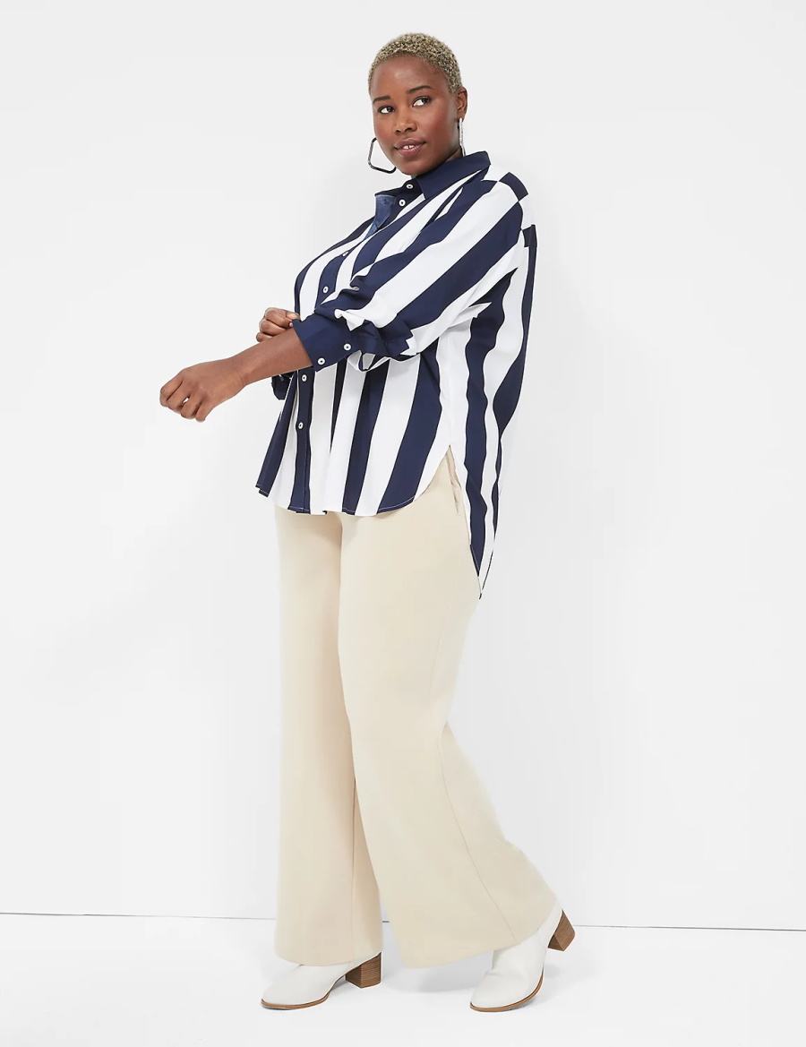 Lane Bryant Satin Easy Collared Stripe Button-Down Overhemd Dames Donkerblauw Wit Strepen | FGA6130RY