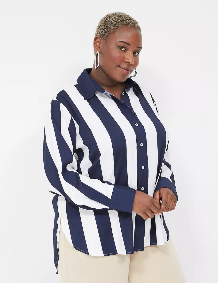 Lane Bryant Satin Easy Collared Stripe Button-Down Overhemd Dames Donkerblauw Wit Strepen | FGA6130RY