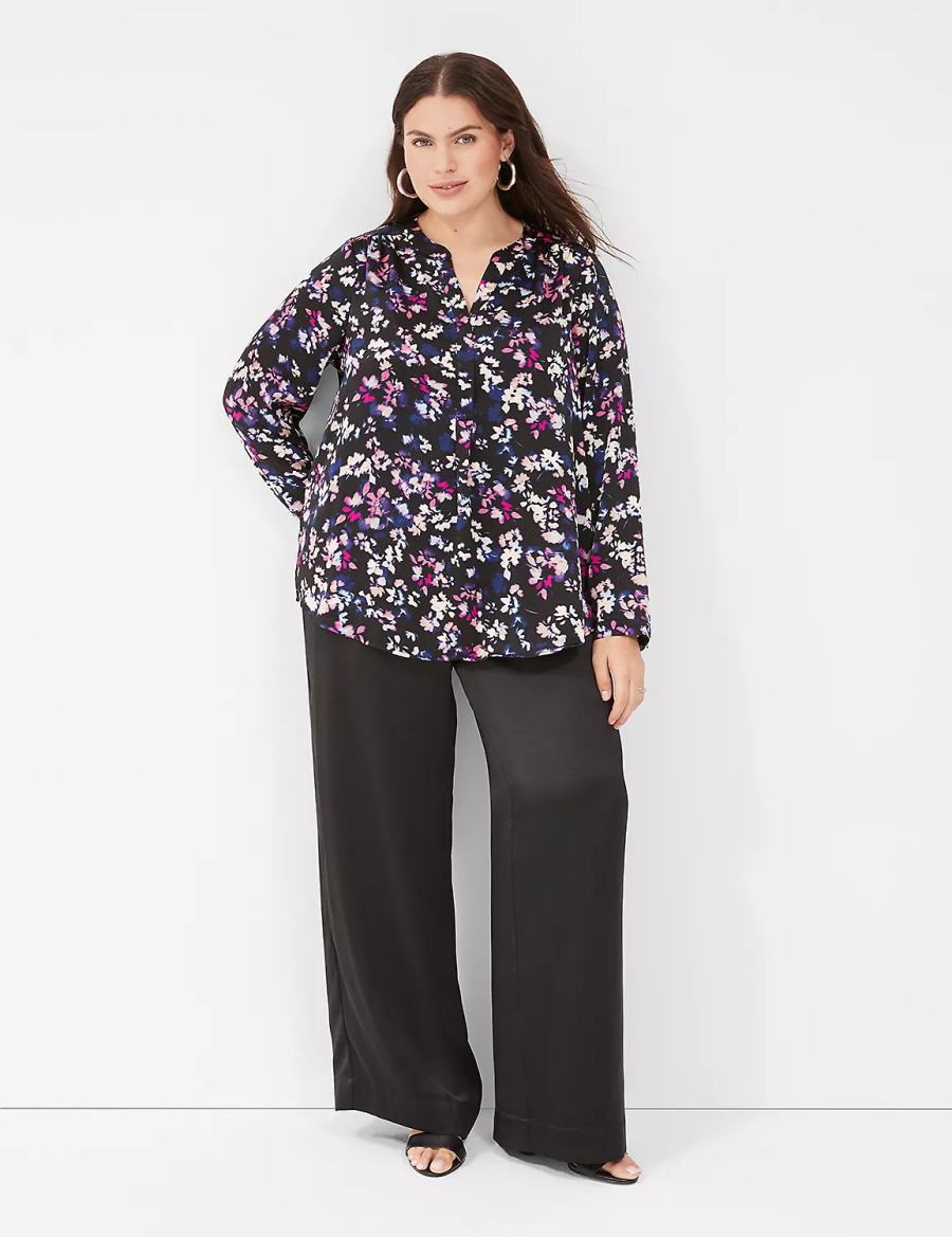 Lane Bryant Satin Ruched-Shoulder Blouse Dames Zwart Gekleurd | WEF7912LW
