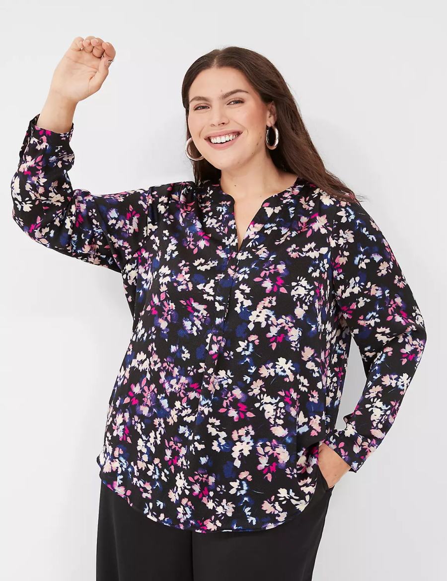 Lane Bryant Satin Ruched-Shoulder Blouse Dames Zwart Gekleurd | WEF7912LW