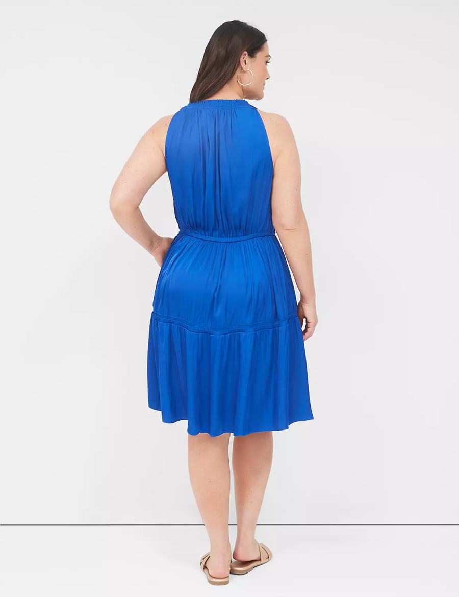 Lane Bryant Satin Smocked-Neck Tie-Waist Casual Jurk Dames Blauw | KBJ6071OF
