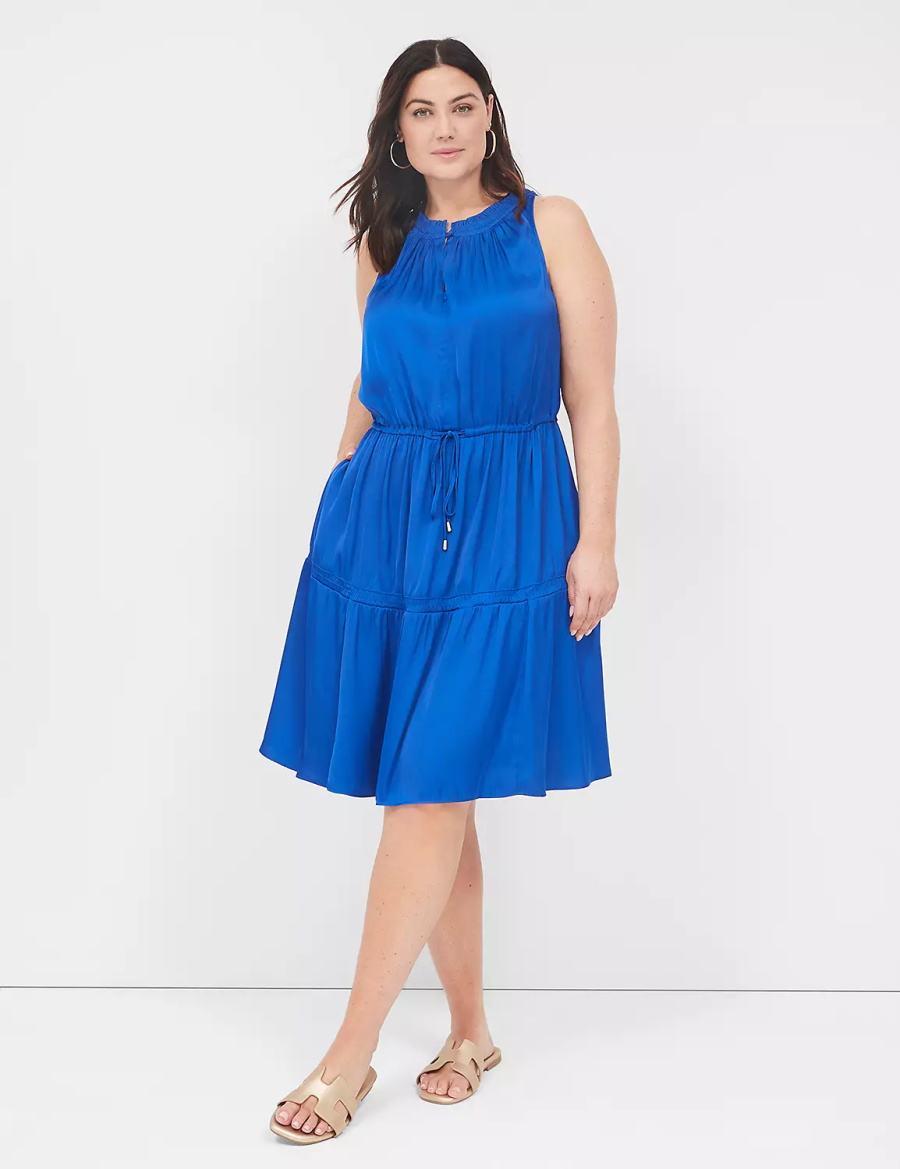Lane Bryant Satin Smocked-Neck Tie-Waist Casual Jurk Dames Blauw | KBJ6071OF