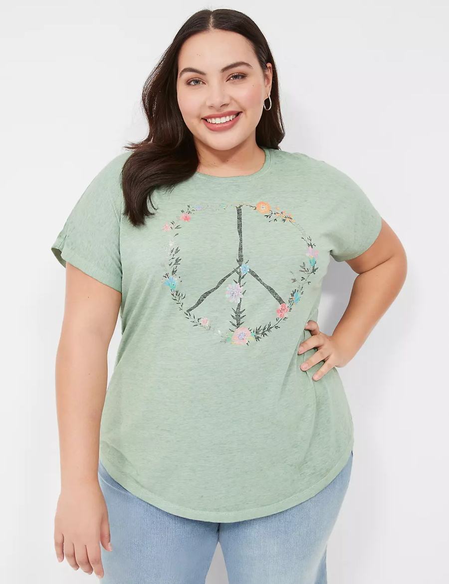 Lane Bryant Scoop-Neck Peace Flowers Graphic Tee T-shirts Dames Lichtgroen | QEL228UB