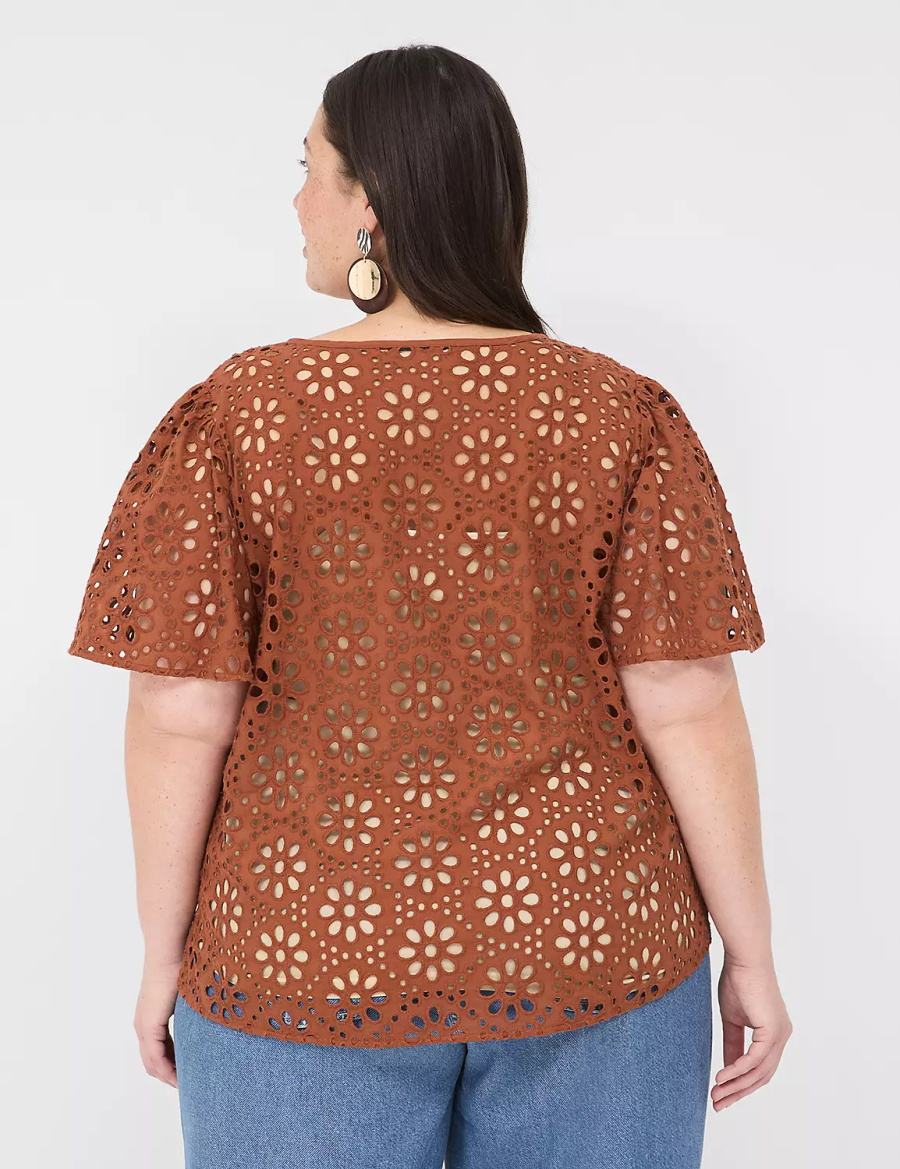 Lane Bryant Sheer Flutter-Sleeve Eyelet Top T-shirts Dames Bruin | JOU3747YB