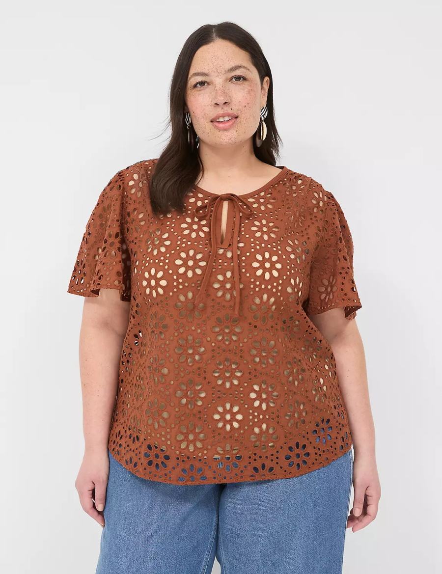 Lane Bryant Sheer Flutter-Sleeve Eyelet Top T-shirts Dames Bruin | JOU3747YB