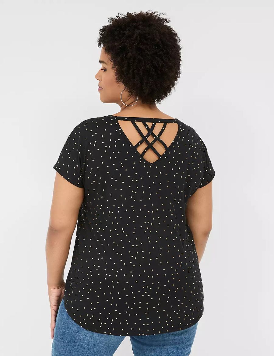 Lane Bryant Shimmer Foil Strappy-Back Tee T-shirts Dames Zwart | ECW8250GM