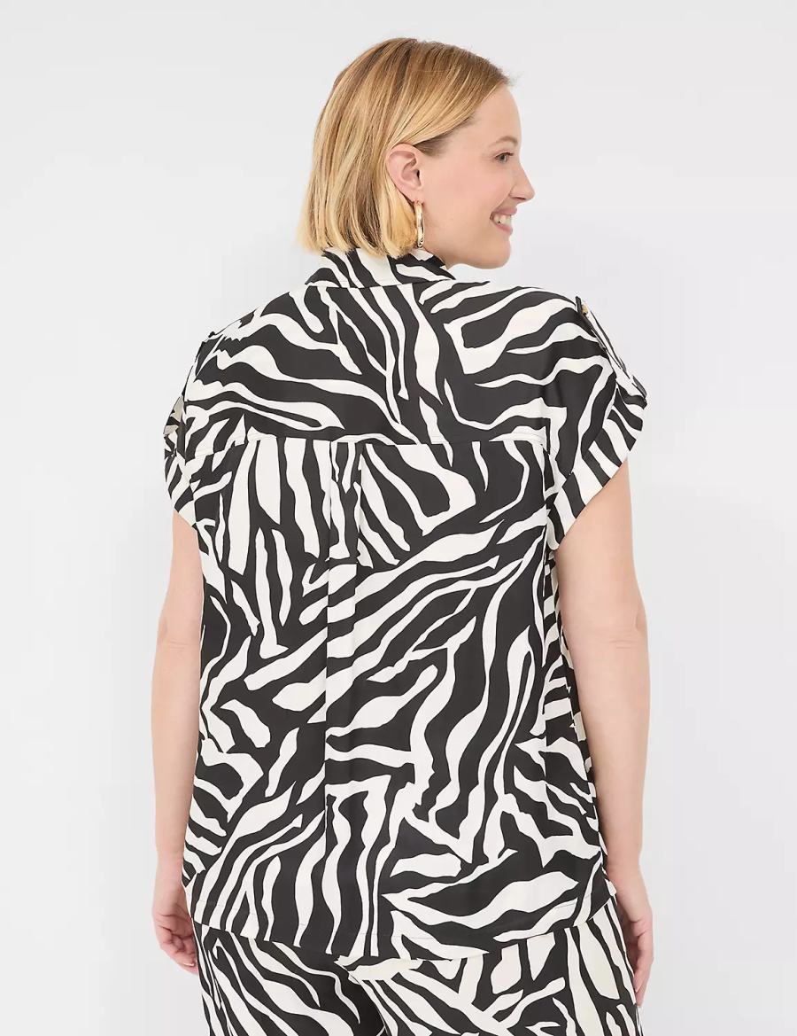 Lane Bryant Short-Sleeve Collared Safari Overhemd Dames Wit Zwart | MPS556IP