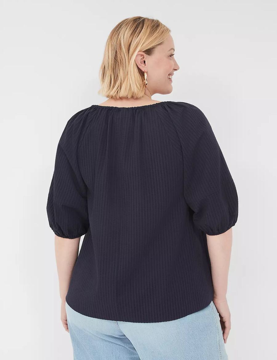Lane Bryant Short-Sleeve Split-Neck Popover Blouse Dames Blauw | EPV8286WH
