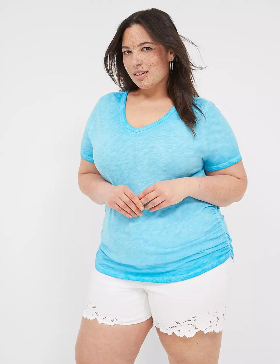 Lane Bryant Short-Sleeve V-Neck Side-Ruched Tee T-shirts Dames Blauw | CCG7359CR