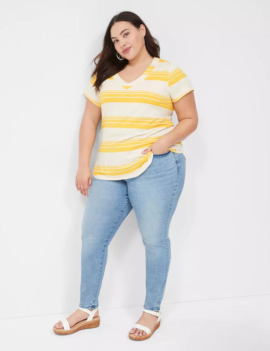 Lane Bryant Short Sleeve V-Neck Top T-shirts Dames Geel Strepen | DWC8460ST