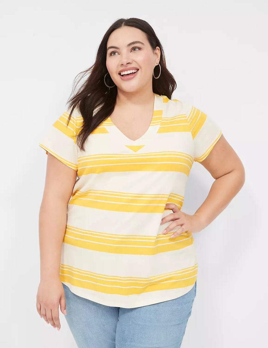 Lane Bryant Short Sleeve V-Neck Top T-shirts Dames Geel Strepen | DWC8460ST