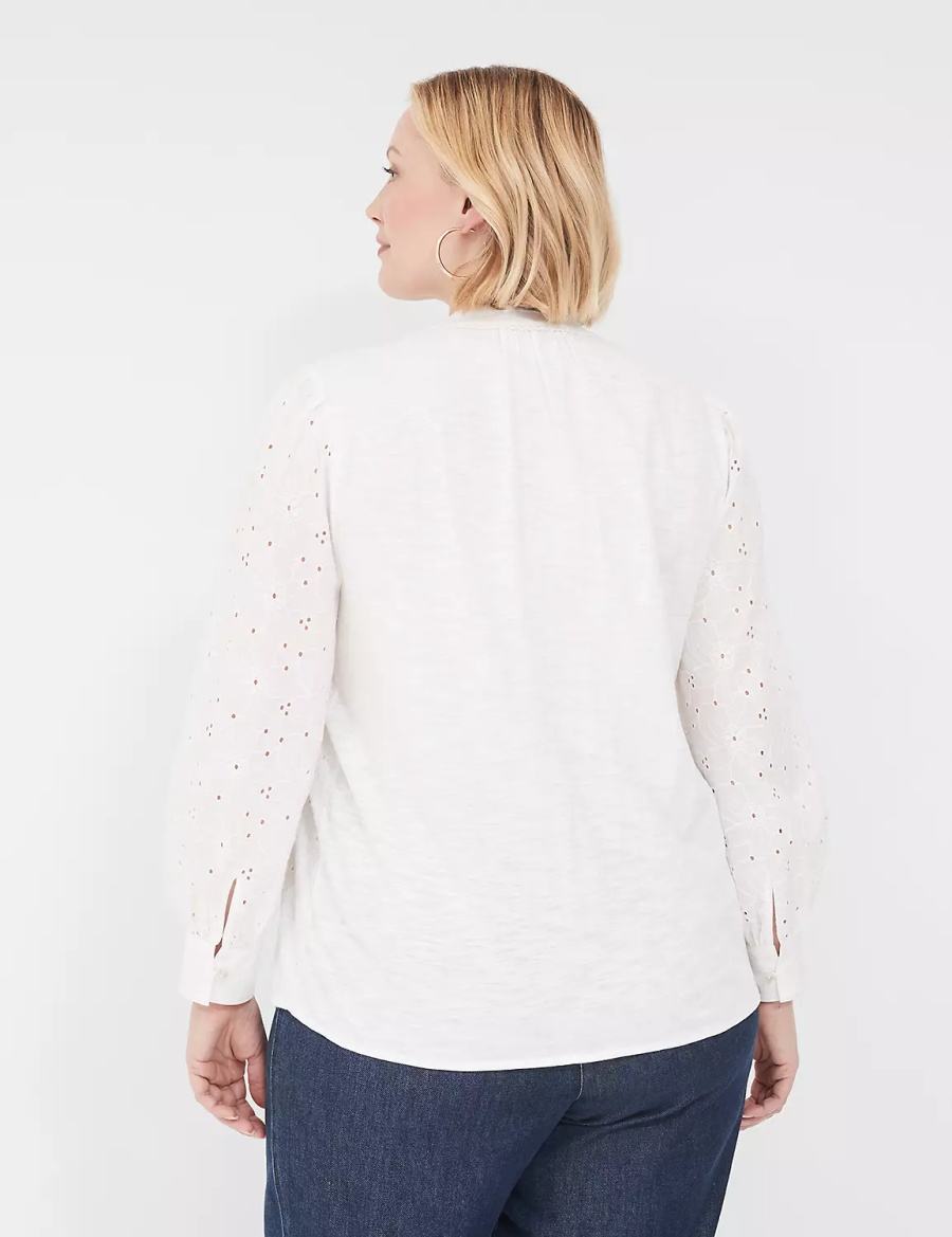 Lane Bryant Split-Neck Eyelet & Knit Blouse Dames Wit | PGW4698RX
