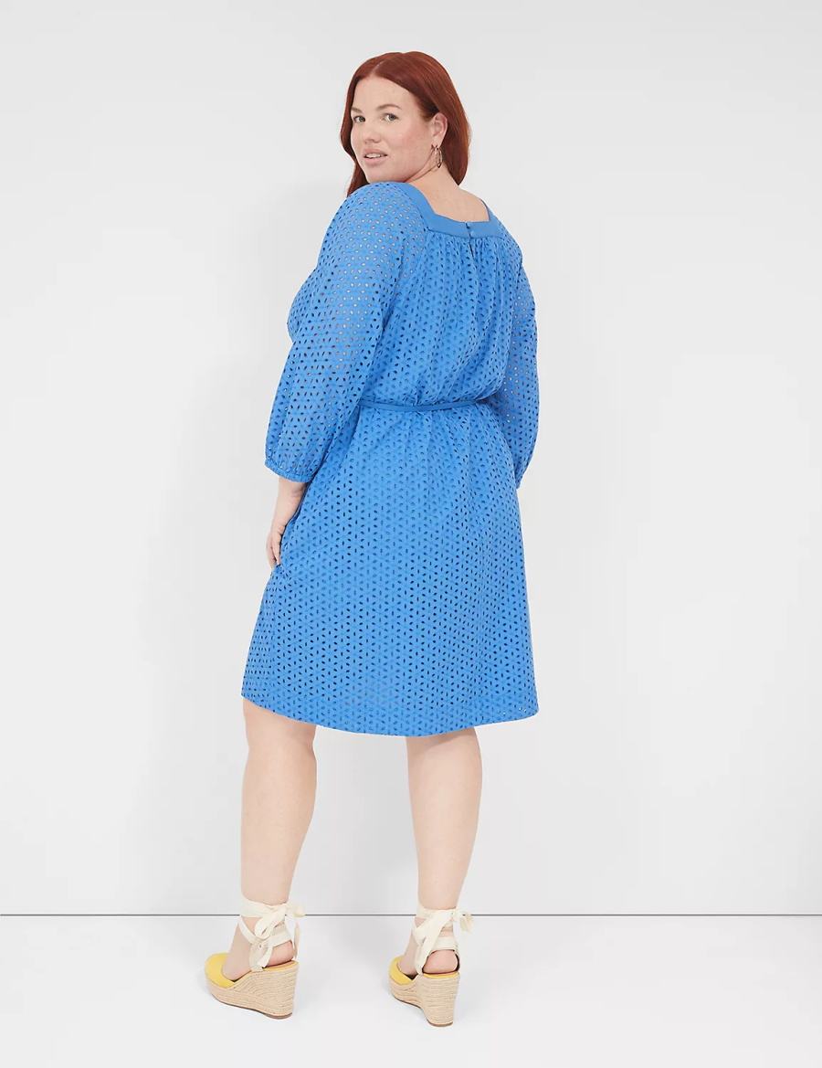 Lane Bryant Square-Neck Eyelet Short Korte Jurk Dames Blauw | IRN5224BV