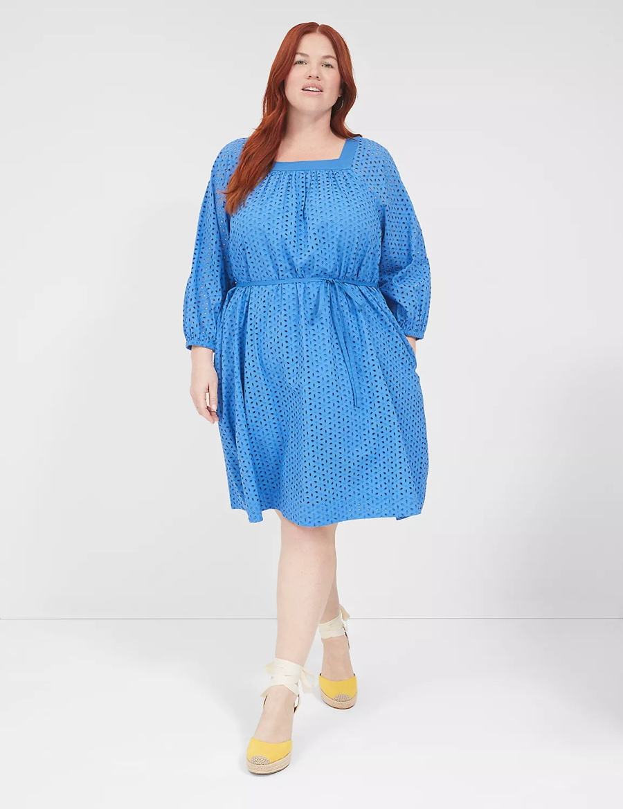 Lane Bryant Square-Neck Eyelet Short Korte Jurk Dames Blauw | IRN5224BV