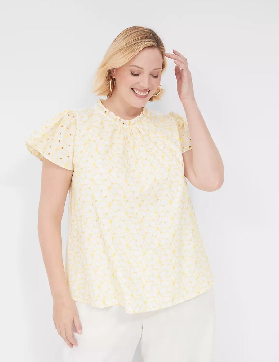 Lane Bryant Subtle Swing Cap-Sleeve Eyelet & Knit Top T-shirts Dames Geel | UNQ6293EY