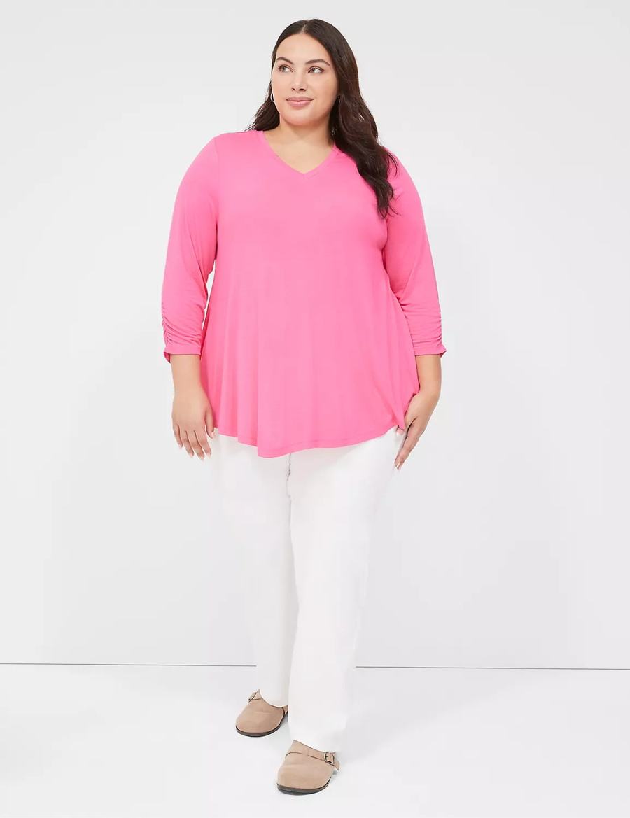 Lane Bryant Swing 3/4 Ruched-Sleeve Top T-shirts Dames Fuchsie | ONZ230EE