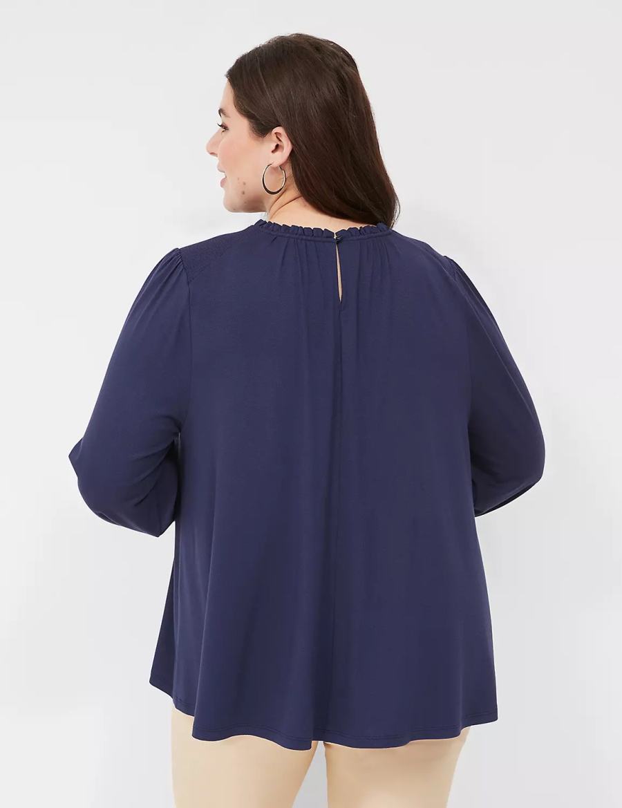 Lane Bryant Swing Crew-Neck Smocked-Shoulder Top Blouse Dames Blauw | GIC6650ZP