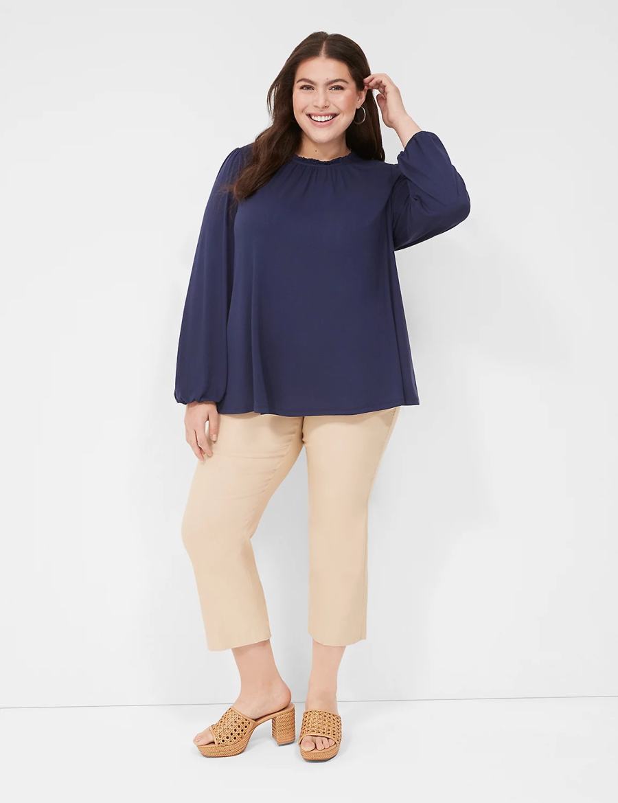 Lane Bryant Swing Crew-Neck Smocked-Shoulder Top Blouse Dames Blauw | GIC6650ZP