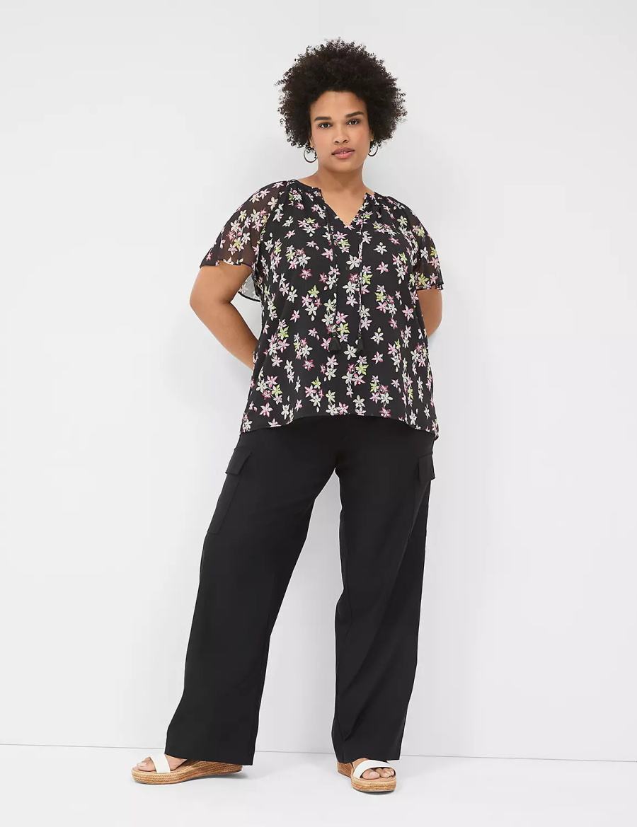 Lane Bryant Swing Flutter-Sleeve Popover Blouse Dames Zwart Gekleurd | VHS3467CS
