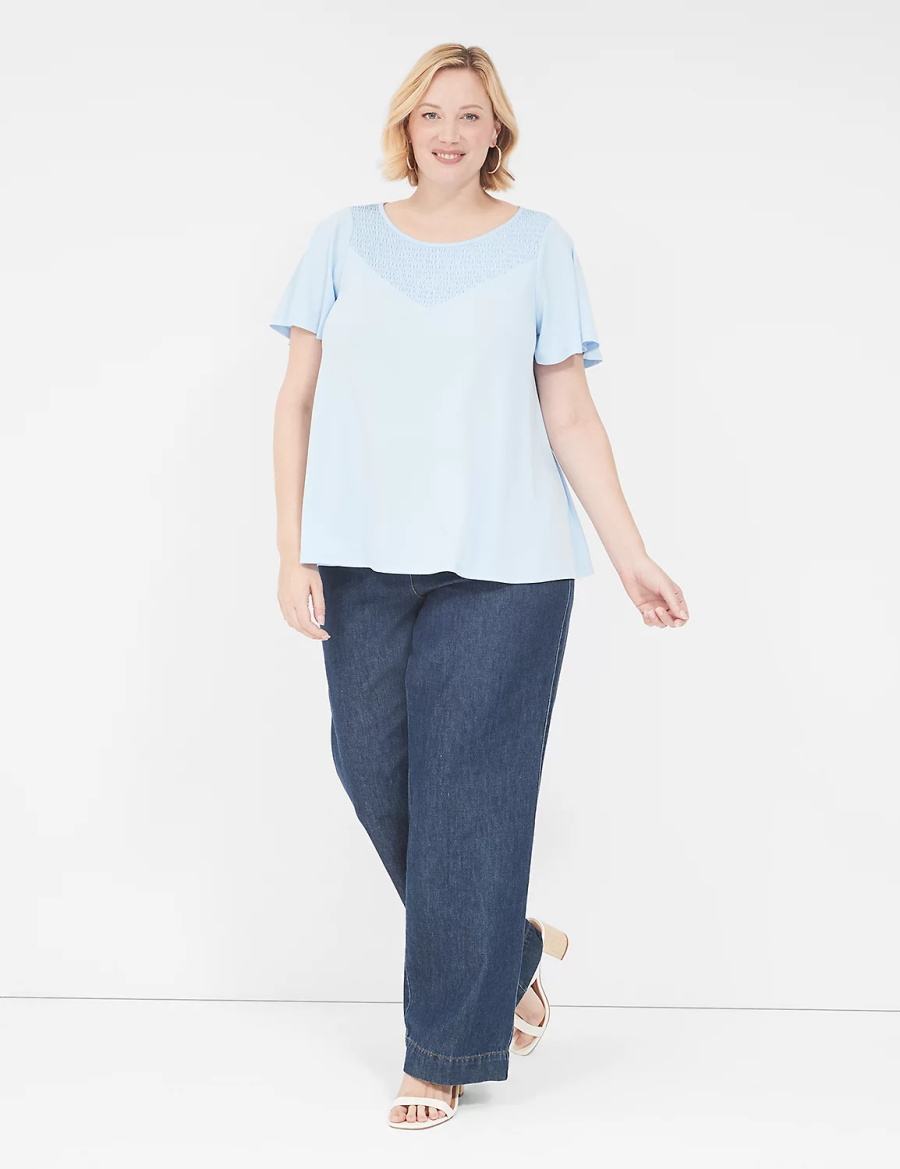 Lane Bryant Swing Flutter-Sleeve Smocked-Yoke Top T-shirts Dames Blauw | OBZ1533CM