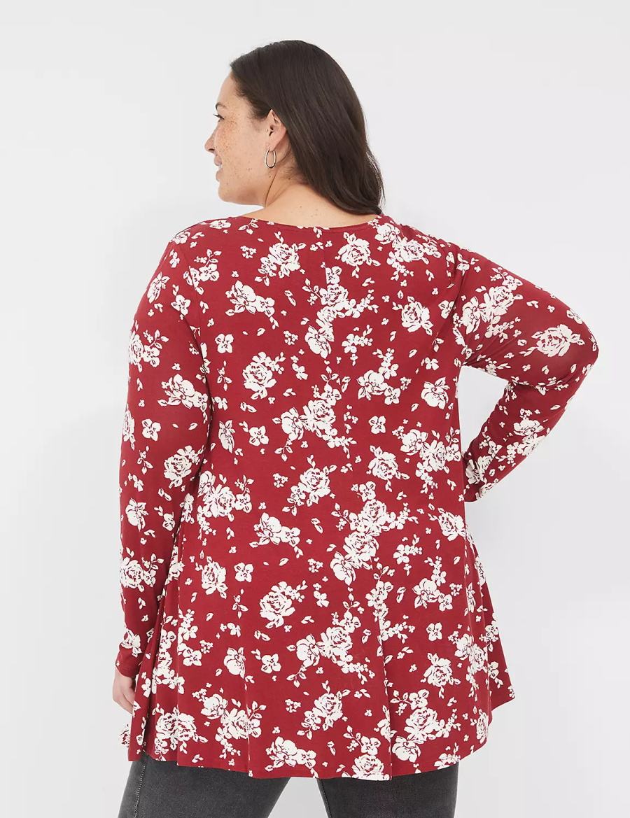 Lane Bryant Swing Long-Sleeve Crew-Neck Tee T-shirts Dames Rood Wit | EUW8868OP