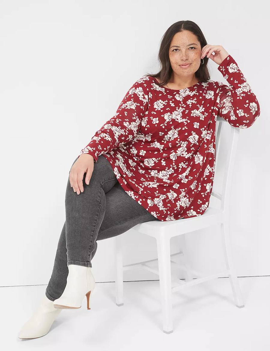 Lane Bryant Swing Long-Sleeve Crew-Neck Tee T-shirts Dames Rood Wit | EUW8868OP