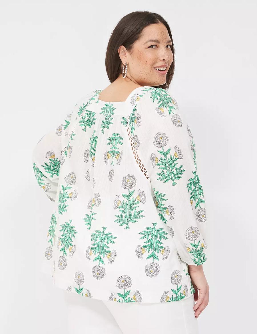 Lane Bryant Swing Square-Neck Peasant Blouse Dames Wit Groen | LFC1015QI
