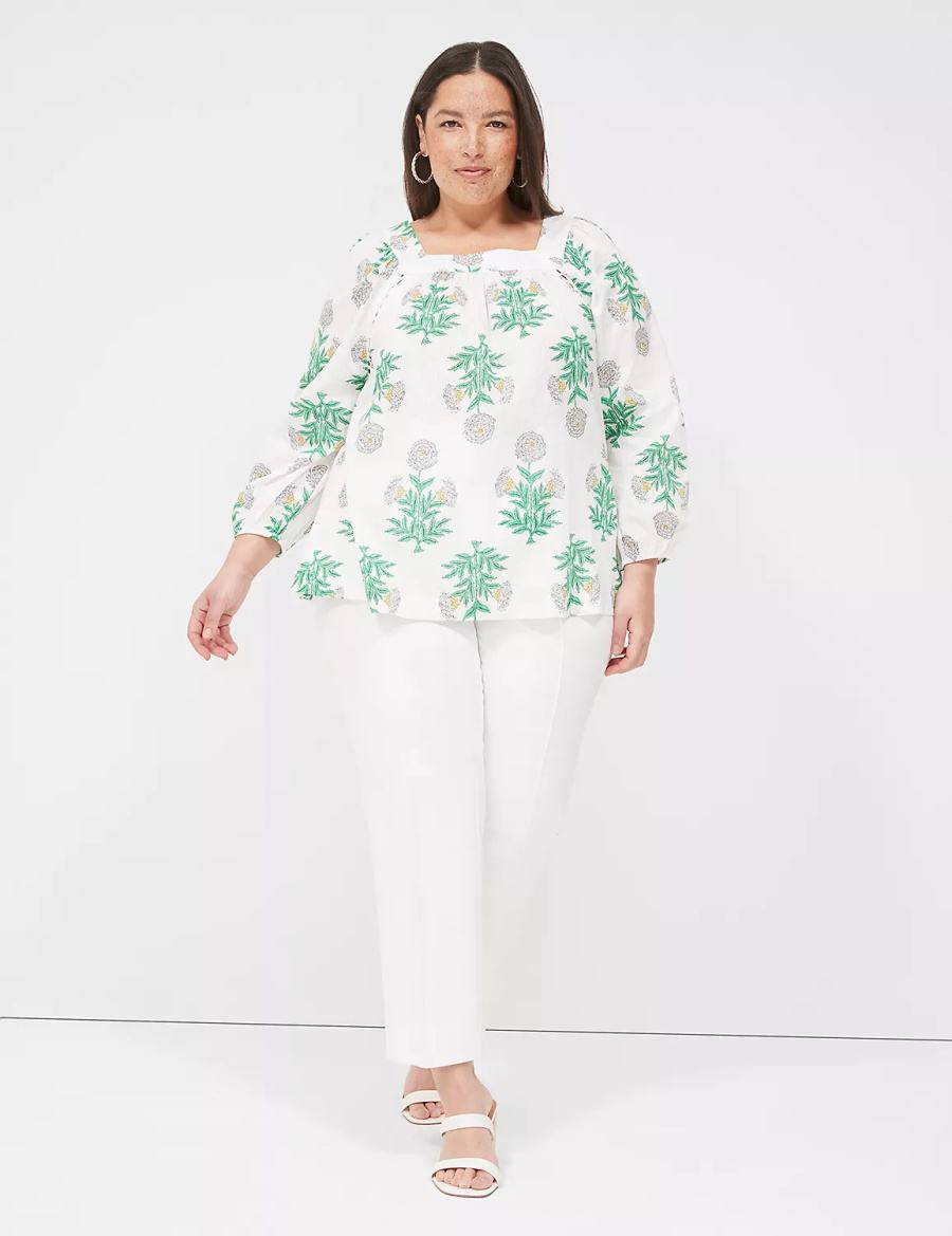 Lane Bryant Swing Square-Neck Peasant Blouse Dames Wit Groen | LFC1015QI