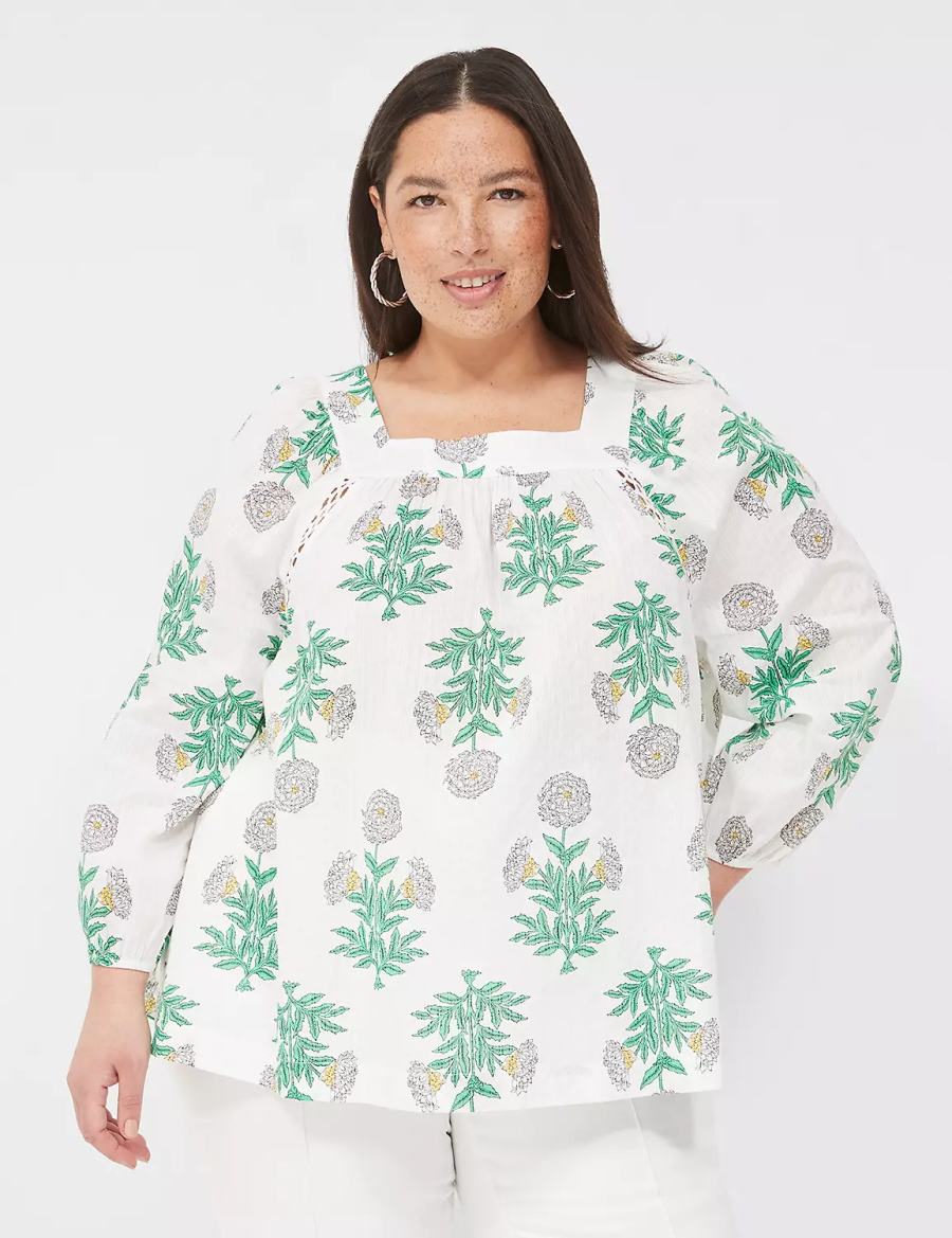 Lane Bryant Swing Square-Neck Peasant Blouse Dames Wit Groen | LFC1015QI