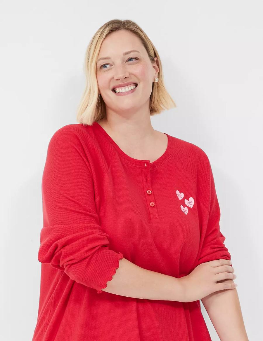 Lane Bryant Thermal Cotton Lettuce-Edge Henley Tee & Legging PJ Set Pyjama Dames Rood Gekleurd | JKV985SX