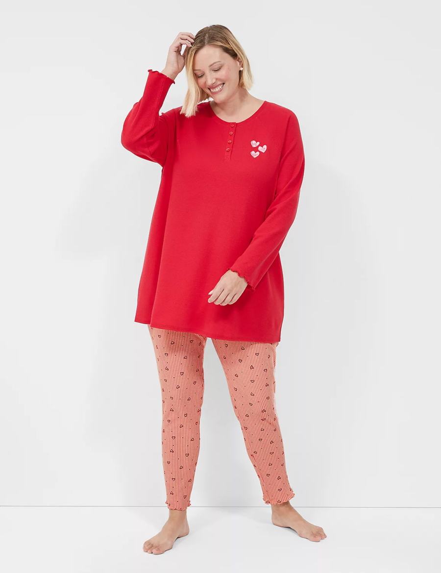 Lane Bryant Thermal Cotton Lettuce-Edge Henley Tee & Legging PJ Set Pyjama Dames Rood Gekleurd | JKV985SX