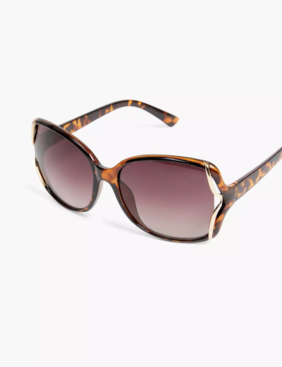 Lane Bryant Tortoiseshell Print & Goldtone Side-Detail Rounded Square Zonnebril Dames Geel | DHS3840SB